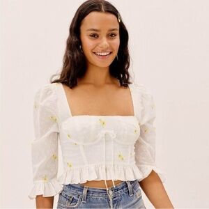 🔆 For Love And Lemons Abby White Puff Sleeve Crop Top